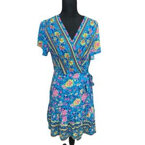 Zesica Dress‎ Sz L Blue Floral Wrap Sundress Boho VNeck Flutter Sleeves Feminine